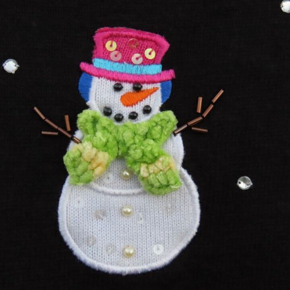 Quaker Factory Snowman Sweater Ugly Christmas Knit Top Rhinestone Black Small - Picture 2 of 7